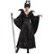 Womens Maleficent Costume Black Satin Gown with Horned Headpiece and Brooch